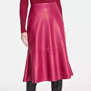 Marsala crimson Red faux leather Midi Skirt - size S
